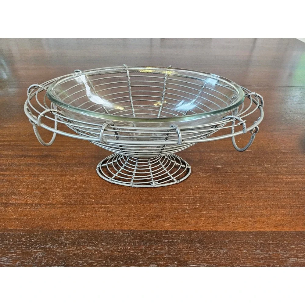 Wire Fruit Bowl Centerpiece Home Decor Silver Metal Glass Insert